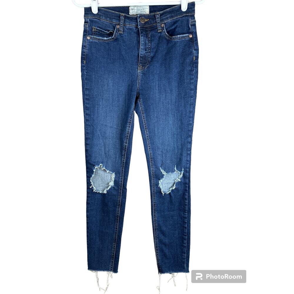 Free People 'Busted Skinny' Distressed Raw Hem Blue Hi Rise Skinny Jeans Size 27